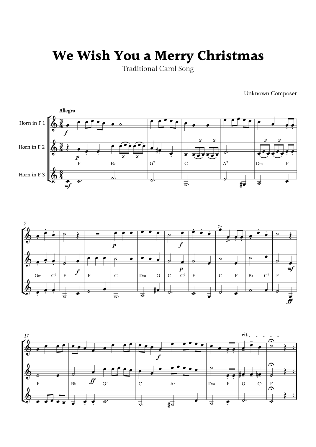 We Wish you a Merry Christmas for French Horn Trio with Chords (arr. Rika K.)