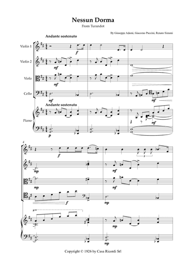 Nessun Dorma - String Quartet & Piano (arr. Karen Gueiros)
