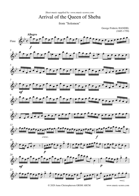 Handel: Arrival of the Queen of Sheba - Flute Solo - Bb major (arr. Anne L Christopherson GRSM ARCM)