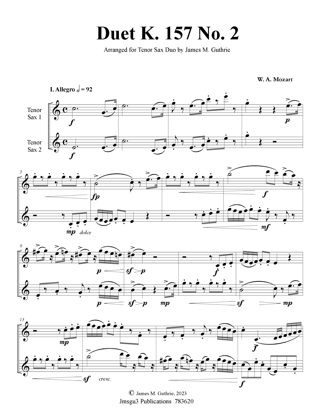 Mozart: Duet K. 157 No. 2 for Tenor Sax Duo (arr. James M. Guthrie)