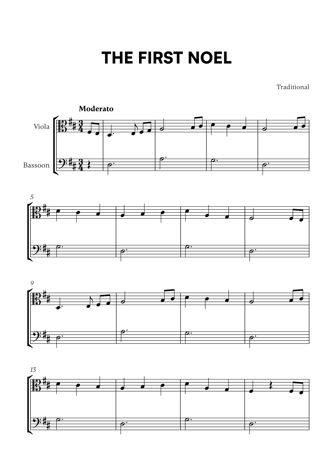 Traditional - The First Noel (D Major) (for Viola and Bassoon) (arr. Cadenza Editions)