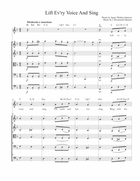 Lift Ev'ry Voice And Sing, for voice, string quartet, guitar, bass guitar and drums (arr. Gary S. Fagin)