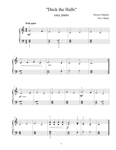 "Deck the Halls," Easy Piano (arr. Steve Shade)