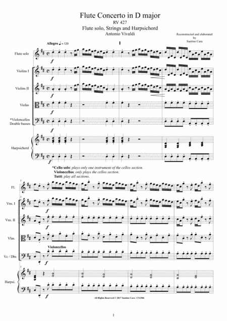 Vivaldi - Flute Concerto in D major RV 427 for Flute solo, Strings and Harpsichord (arr. Santino Cara)