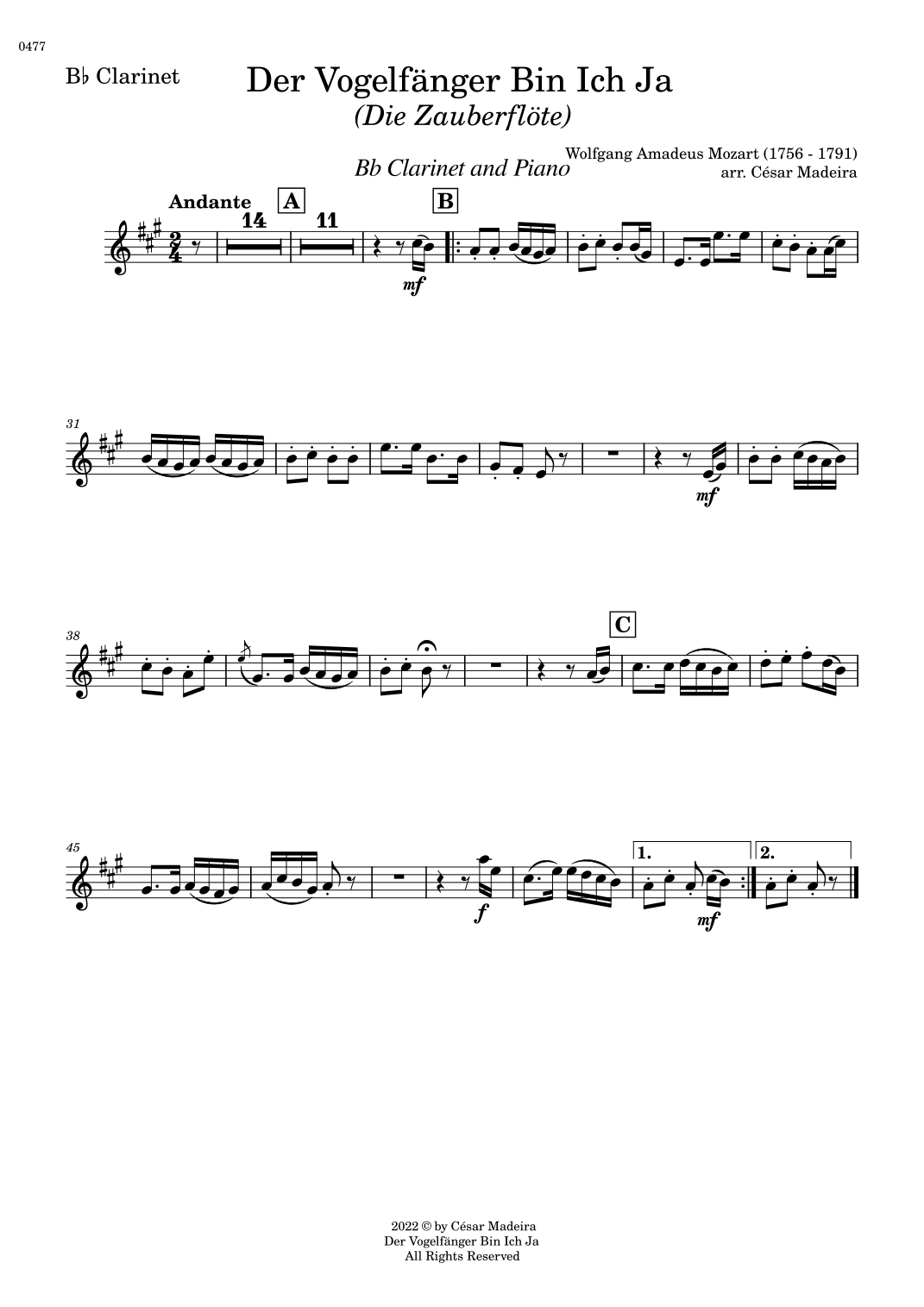 Der Vogelfänger Bin Ich Ja - Bb Clarinet and Piano (Individual Parts) (arr. César Madeira)