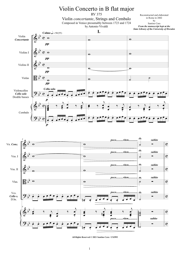 Vivaldi - Violin Concerto in B flat major RV 375 for Violin, Strings and Cembalo (arr. Santino Cara)