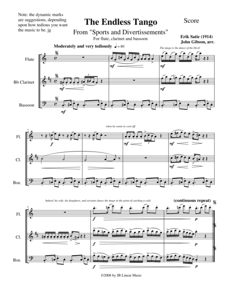 The Endless Tango by Erik Satie set for flute, clarinet, and bassoon trio (arr. John Gibson)