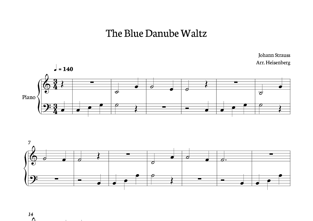 The Blue Danube Waltz - Johann Strauss for easy piano. (arr. Heisenberg)