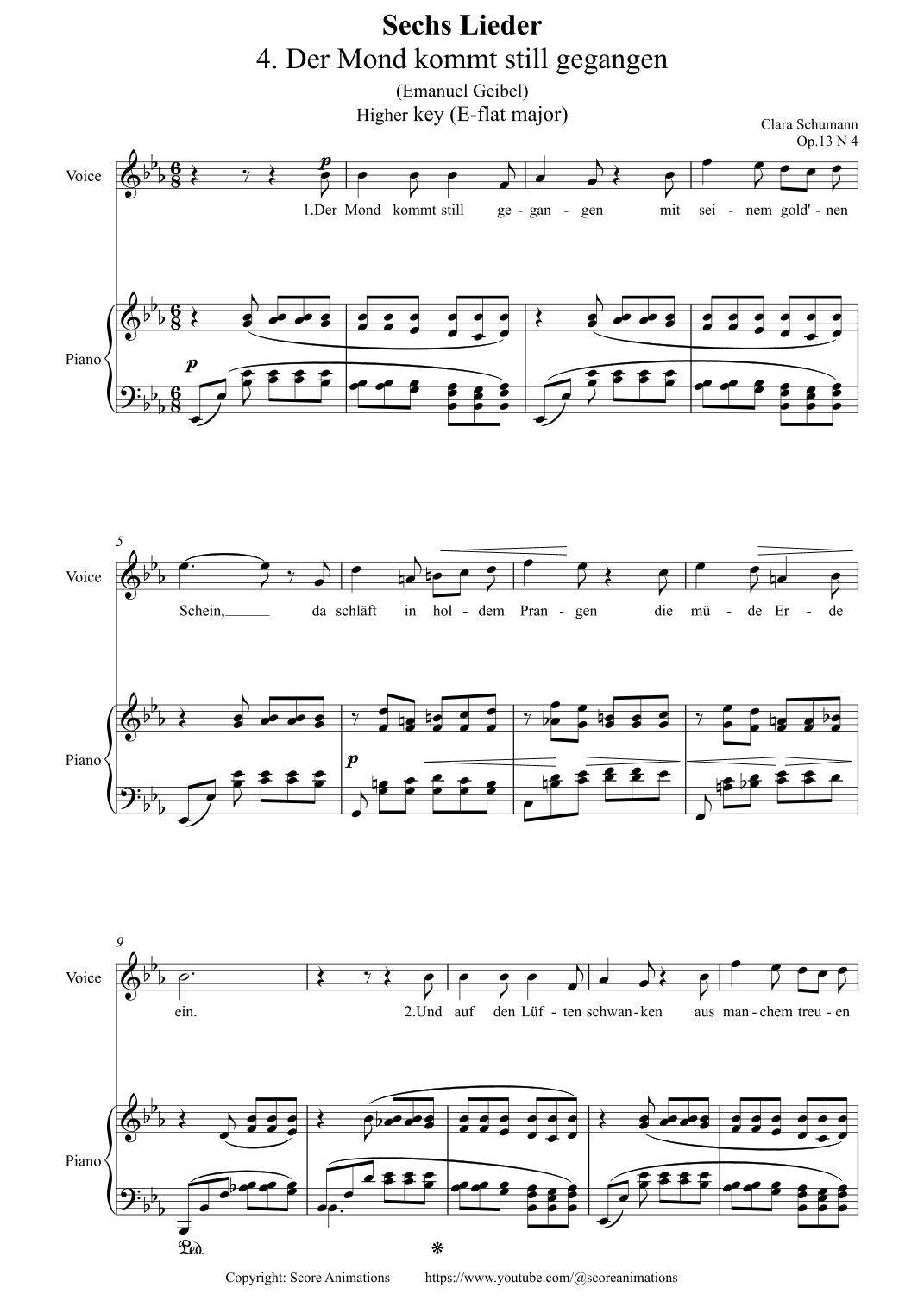 Der Mond kommt still gegangen Op 13 N4 in E-flat major (Higher key) (arr. Score Animations)