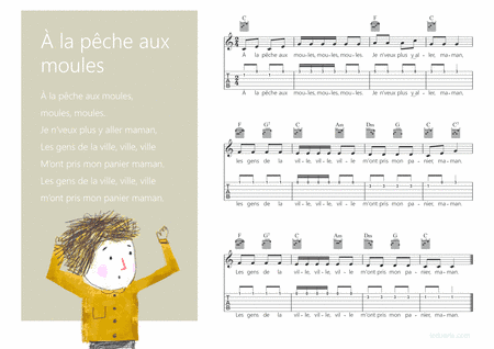 A la peche aux moules music sheet melody + guitar chords + guitar tabs (arr. iEduArts Publishers)