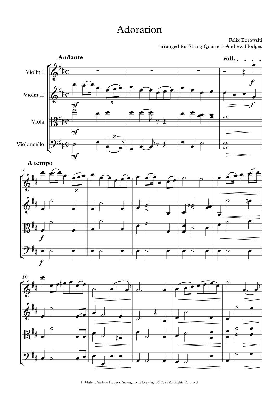"Adoration" by Felix Borowski arranged for String Quartet (arr. Andrew Hodges)