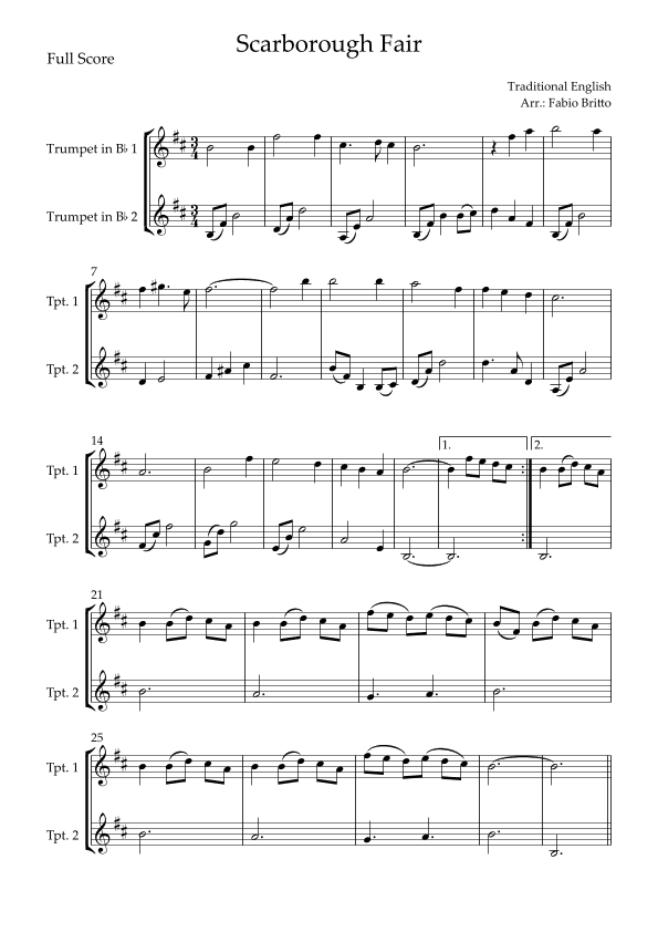 Scarborough Fair for Trumpet Duo (arr. Fabio Britto)