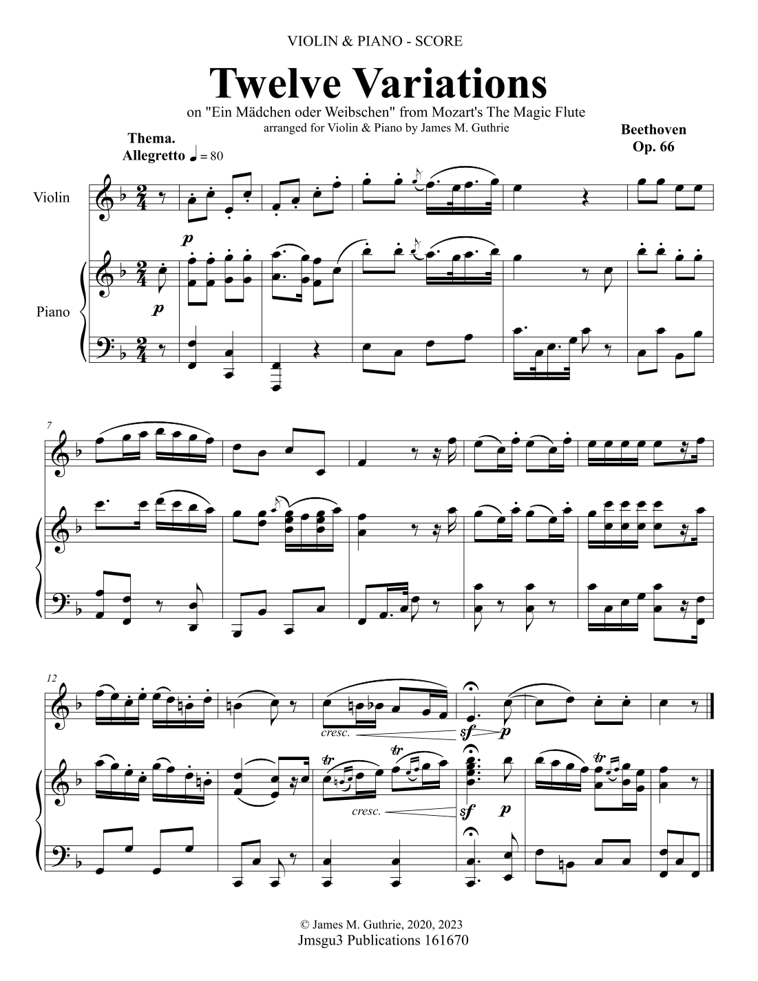 Beethoven: Twelve Variations Op. 66 for Violin and Piano (arr. James M. Guthrie)