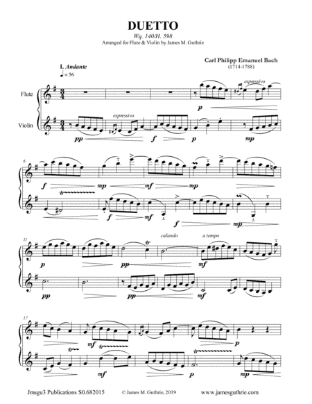 CPE Bach: Duetto Wq. 140 for Flute & Violin Duo (arr. James M. Guthrie, ASCAP)