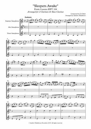 Sleepers Awake arrange for Saxophone Trio (arr. Andrew Middleton)