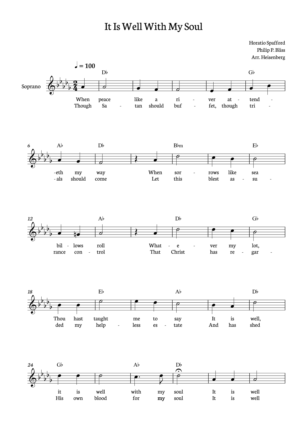 It is Well With My Soul - Philip Bliss for Soprano in Db major (arr. Heisenberg)