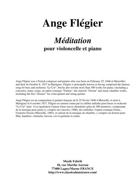 Ange Flégier: Méditation for violoncello and piano (arr. Musik Fabrik Music Publishing)