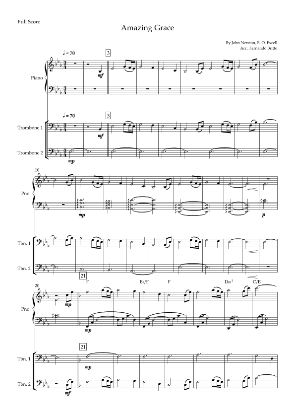 Amazing Grace (John Newton, E. O. Excell) for Trombone Duo and Piano Accompaniment with Chords (arr. Fernando Britto)