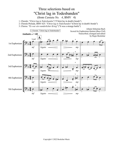 Three selections based on "Christ lag in Todesbanden" (Euphonium Quintet - Bass Clef) (arr. Regis Bookshar)
