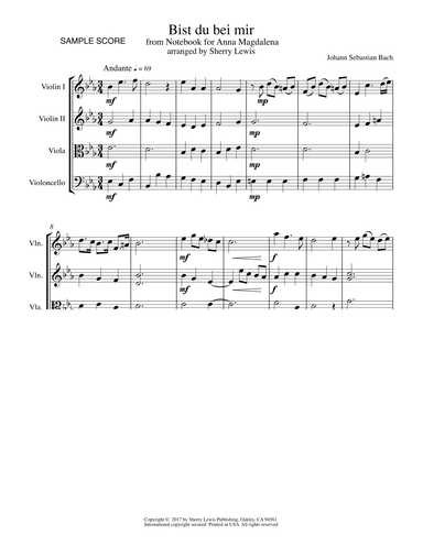 BIST DU BEI MIR String Quartet, Intermediate Level for 2 violins, viola and cello (arr. Sherry Lewis)