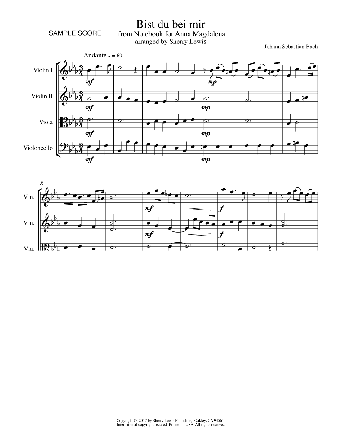 BIST DU BEI MIR String Quartet, Intermediate Level for 2 violins, viola and cello (arr. Sherry Lewis)