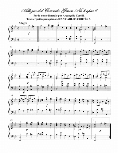 Corelli - Allegro - Concerto per Notte Natale - Para Piano Solo (arr. Juan Carlos Cortés Aguirre)