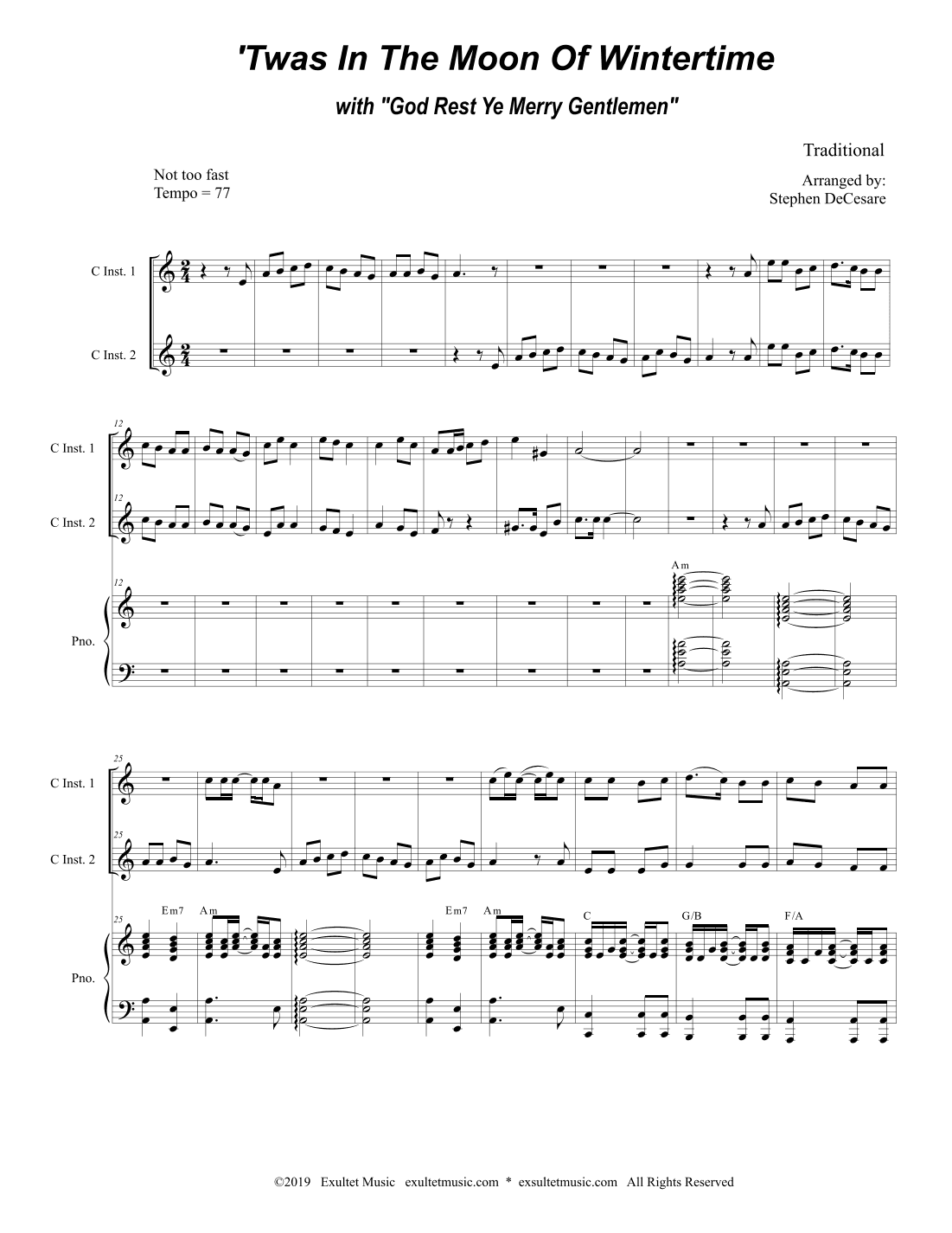 'Twas In The Moon Of Wintertime (with "God Rest Ye Merry Gentlemen") (Duet for C-Instruments) (arr. Stephen DeCesare)