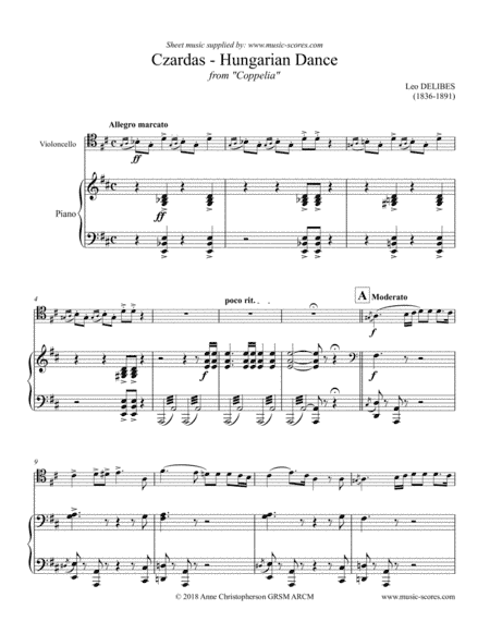 Czardas: Hungarian Dance from Coppelia - Cello and Piano (arr. Anne L Christopherson GRSM ARCM)