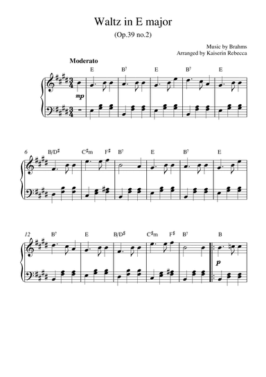 Waltz in E major (Op.39 no.2) (for piano solo with chords) (arr. Kaiserin Rebecca)