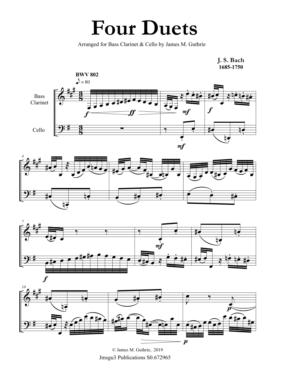 Bach: Four Duets for Bass Clarinet & Cello (arr. James M. Guthrie, ASCAP)