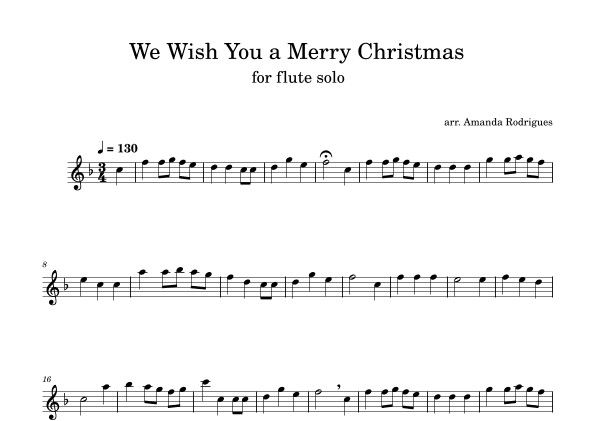 We Wish You a Merry Christmas in F Major for Easy Flute Solo (arr. Amanda Rodrigues)