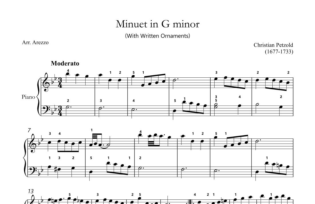 Bach Minuet in G minor - BWV anh 115  fingered and Ornamented (arr. Victor Araújo)