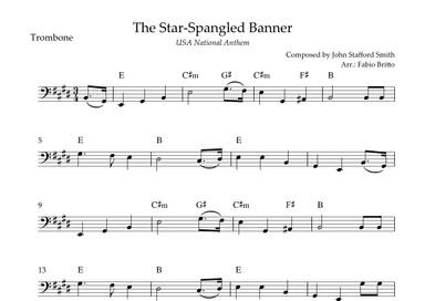 The Star Spangled Banner (USA National Anthem) for Trombone Solo with Chords (E Major) (arr. Fabio Britto)