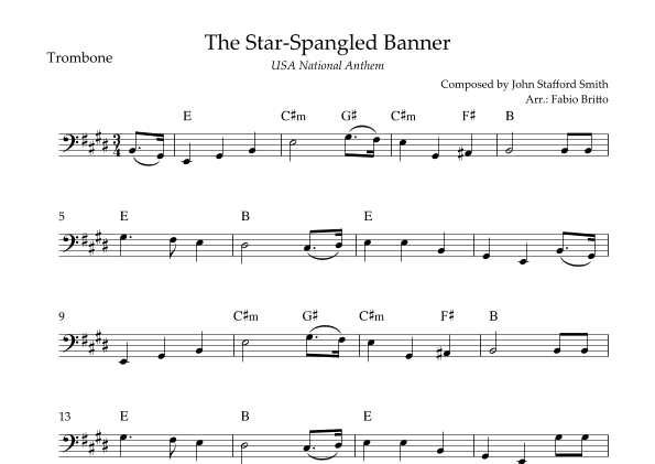 The Star Spangled Banner (USA National Anthem) for Trombone Solo with Chords (E Major) (arr. Fabio Britto)
