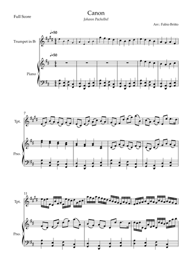 Canon - Johann Pachelbel (Wedding/Reduced Version) for Trumpet in Bb Solo and Piano Accompaniment (arr. Fabio Britto)