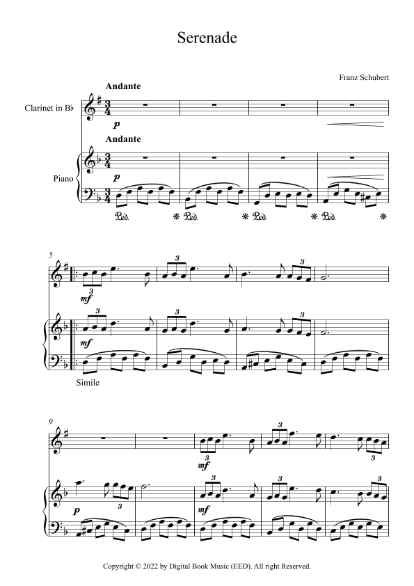 Serenade - Franz Schubert (Clarinet + Piano) (arr. Digital Book Music)