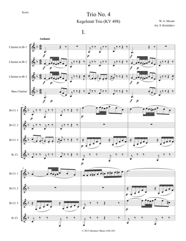 W. A. Mozart, Trio No.4, Kegelstatt Trio (KV 498). Arranged for Clarinet Quartet (arr. Kristinkov, Stefan)