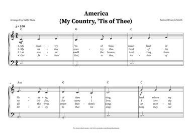 America (My Country, 'Tis of Thee) - Easy Beginner Piano (note names, chords and lyrics) (arr. Valdir Maia)