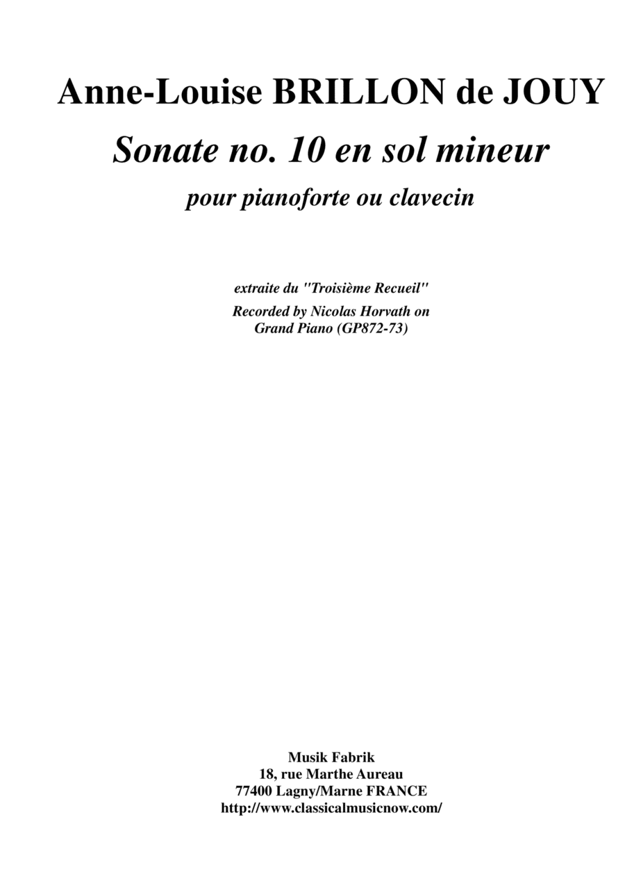 Anne-Louise Brillon de Jouy: Sonata no. 10 in g minor for piano or harpsichord (arr. Musik Fabrik Music Publishing)