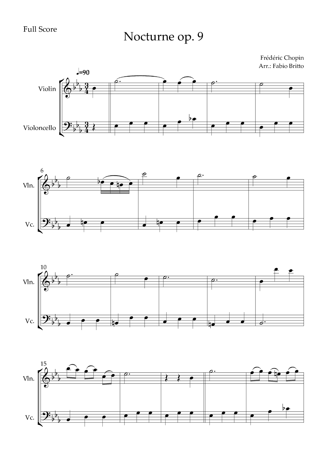 Nocturne Op.9 No. 2 (Frédéric Chopin) for Violin & Cello Duo (arr. Fabio Britto)