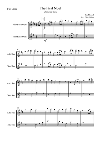 The First Noel (Christmas Song) for Alto Saxophone & Tenor Saxophone Duo (arr. Fabio Britto)