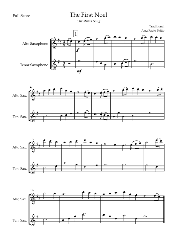 The First Noel (Christmas Song) for Alto Saxophone & Tenor Saxophone Duo (arr. Fabio Britto)