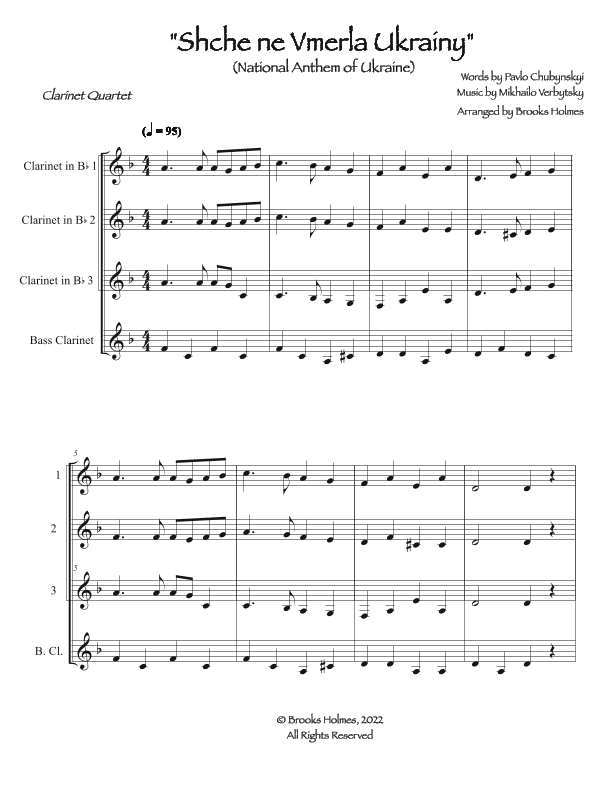 Schche ne Vmerla Ukrainy (Clarinet Quartet) National Anthem Of Ukraine (arr. Brooks Holmes)