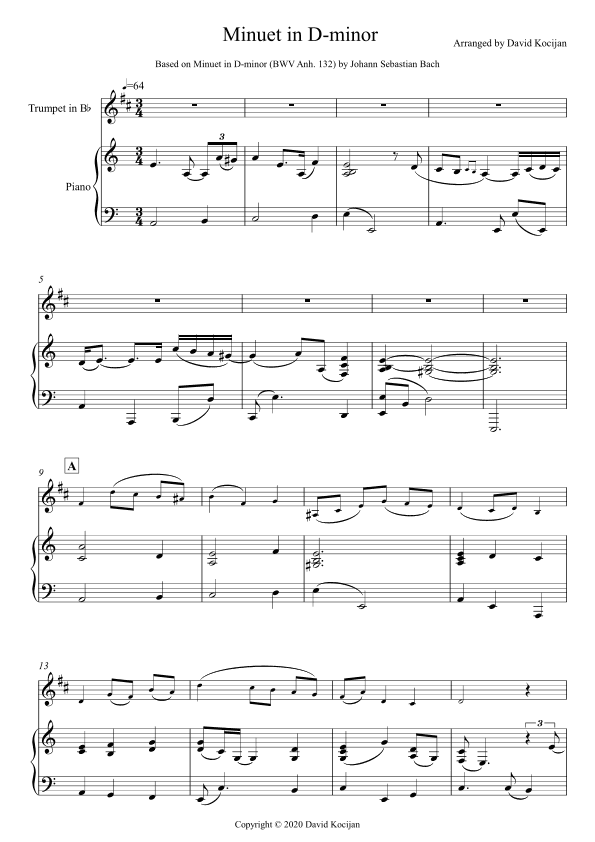 Minuet in D-minor - EASY (trumpet in Bb & piano) (arr. David Kocijan)