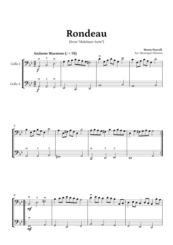 Rondeau from "Abdelazer Suite" by Henry Purcell - For Cello Duet (arr. Henrique Oliveira)