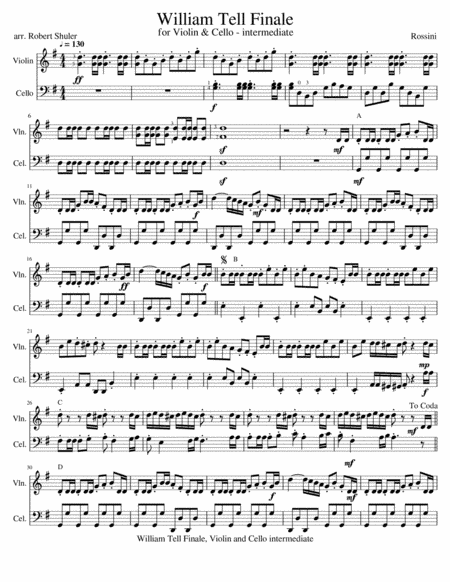 William Tell Overture Finale violin & cello intermediate (arr. Robert Shuler)