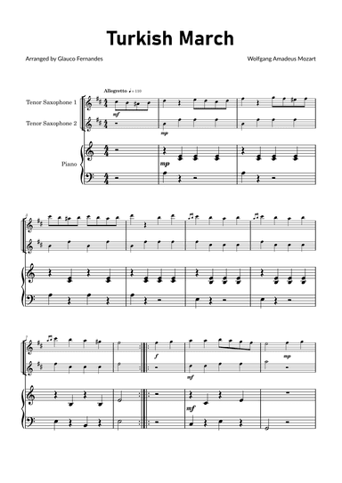 Turkish March by Mozart - Tenor Saxophone Duet with Piano (arr. Glauco Fernandes)