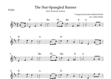The Star Spangled Banner (USA National Anthem) for Violin Solo with Chords (D Major) (arr. Fabio Britto)
