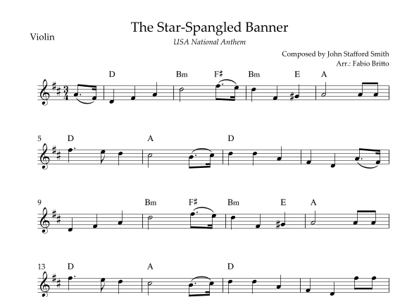 The Star Spangled Banner (USA National Anthem) for Violin Solo with Chords (D Major) (arr. Fabio Britto)