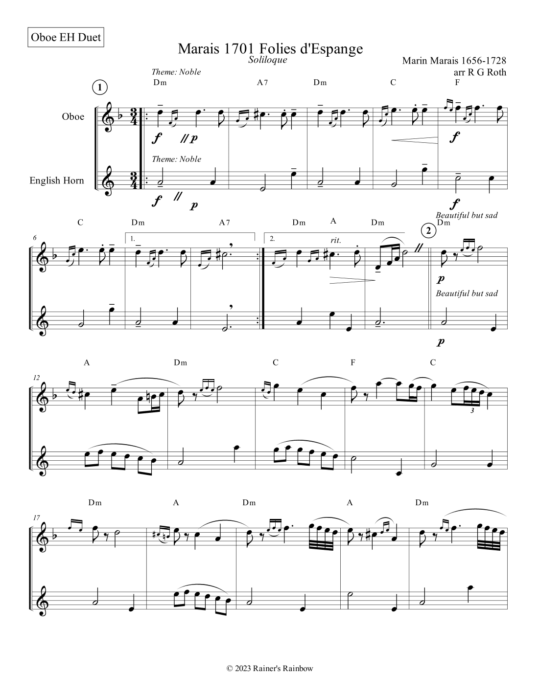 Marais 1701 Folies d'Espagne Oboe and English Horn Duet Score and Parts (arr. R G Roth)